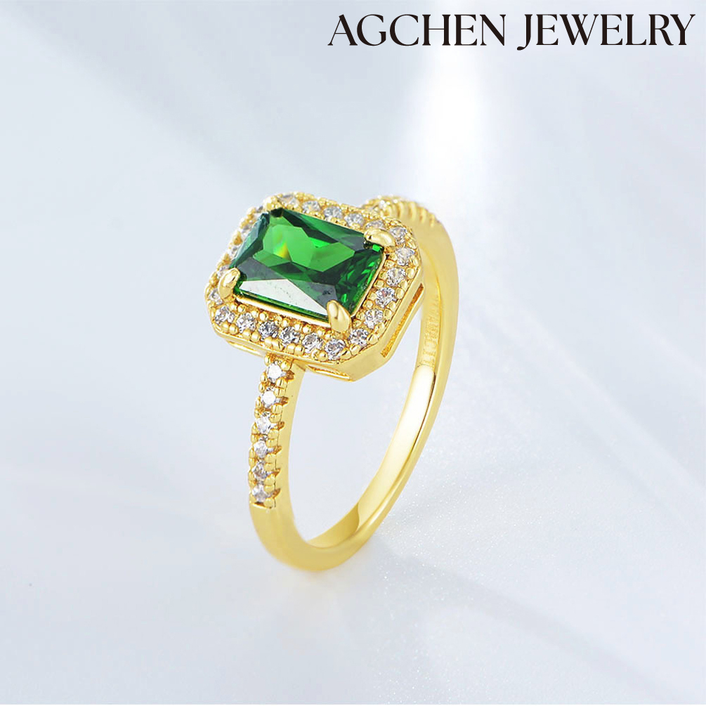 AGCHEN S925 Sterling Silver Green Square Large Cubic Zirconia Ring Europe and the United States Ins hot sale AGKR0858