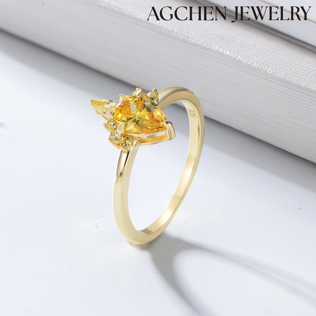 AGCHEN European and American new crown female diamond ring jewelry S925 sterling silver water drop shape yellow zircon ring AGKR0915