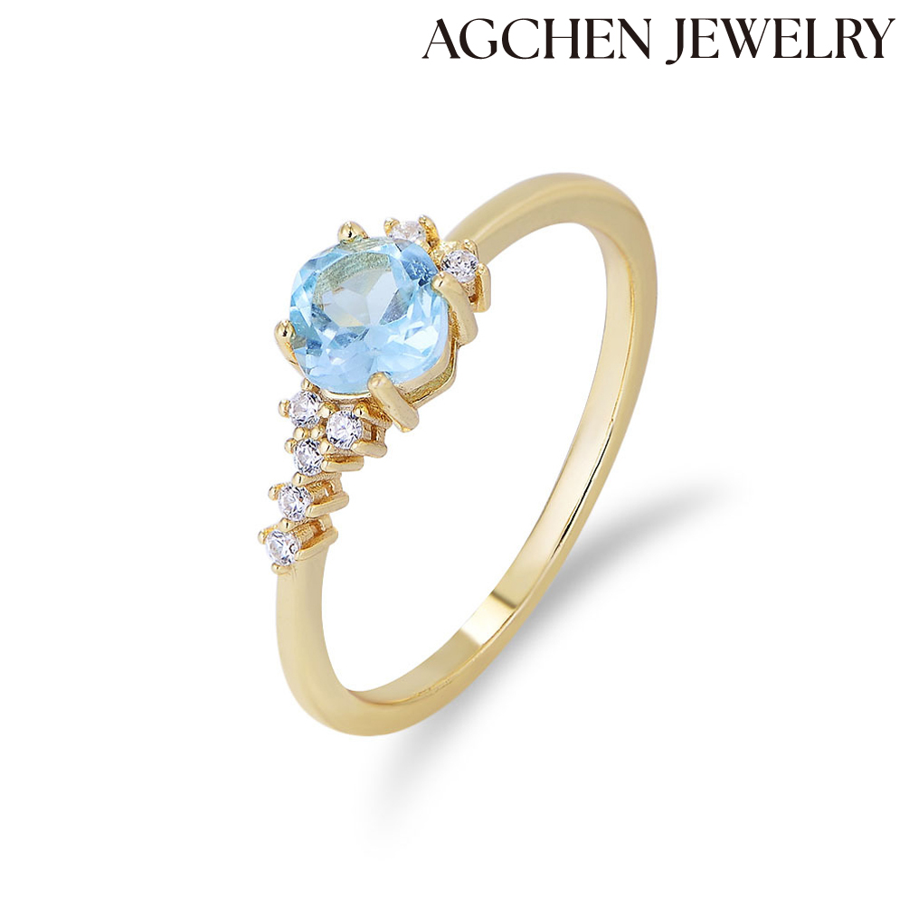 AGCHEN Sky blue Topaz S925 sterling silver ring female cold wind high-grade Japanese and Korean light luxury niche design ring jewelry AGKR1535
