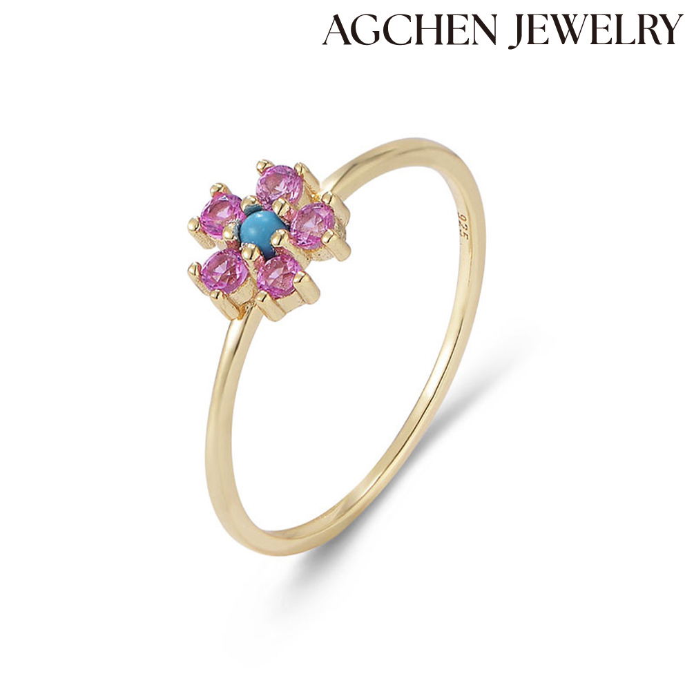 AGCHEN Color Treasure light luxury turquoise flowers sterling silver ring female ins cold style simple personality advanced sense ring AGKR1237