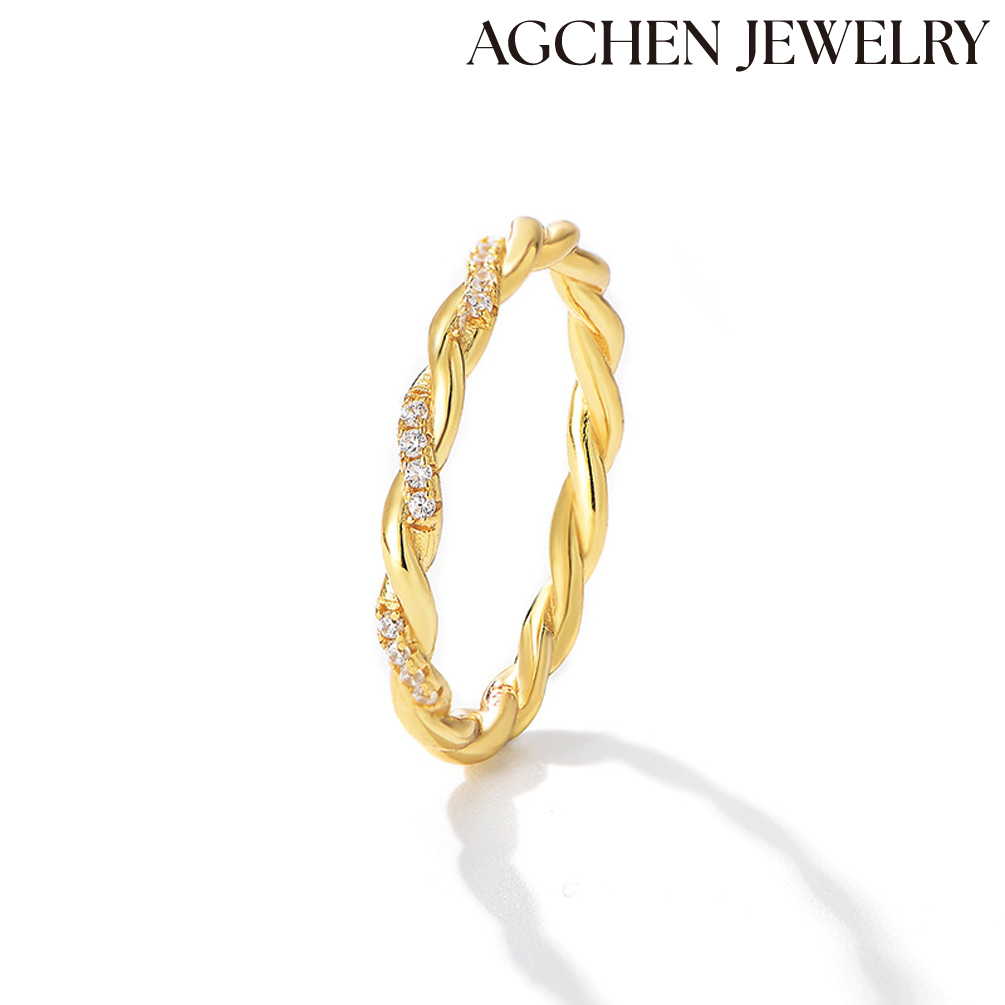 AGCHEN S925 sterling silver line twist winding ring design sense niche senior light luxury diamond inset ring hand jewelry AGKR1286