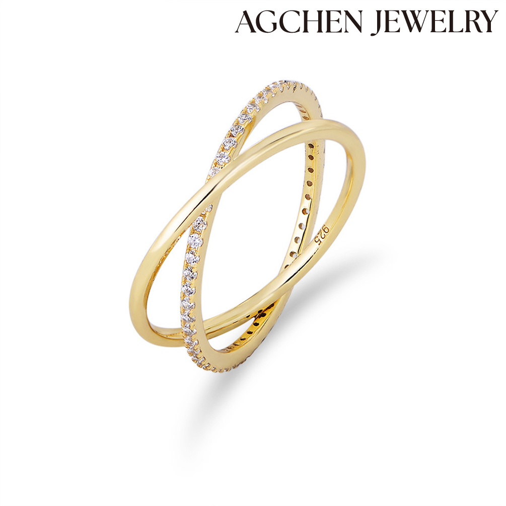 AGCHEN S925 Korean version sterling silver ring INS style simple double ring cross-phase buckle full circle zircon ring jewelry AGKR1551