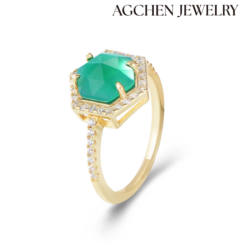 AGCHEN S925 Sterling Silver Hex AGon Cut Green CZ  Ring Europe and the United States Ins hot sale AGKR0924