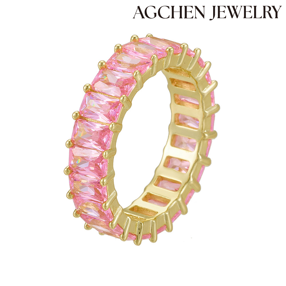 AGCHEN S925 Sterling Silver Minimalist Pink Square Cubic Zirconia Ring Europe and the United States Ins hot sale AGKR1256