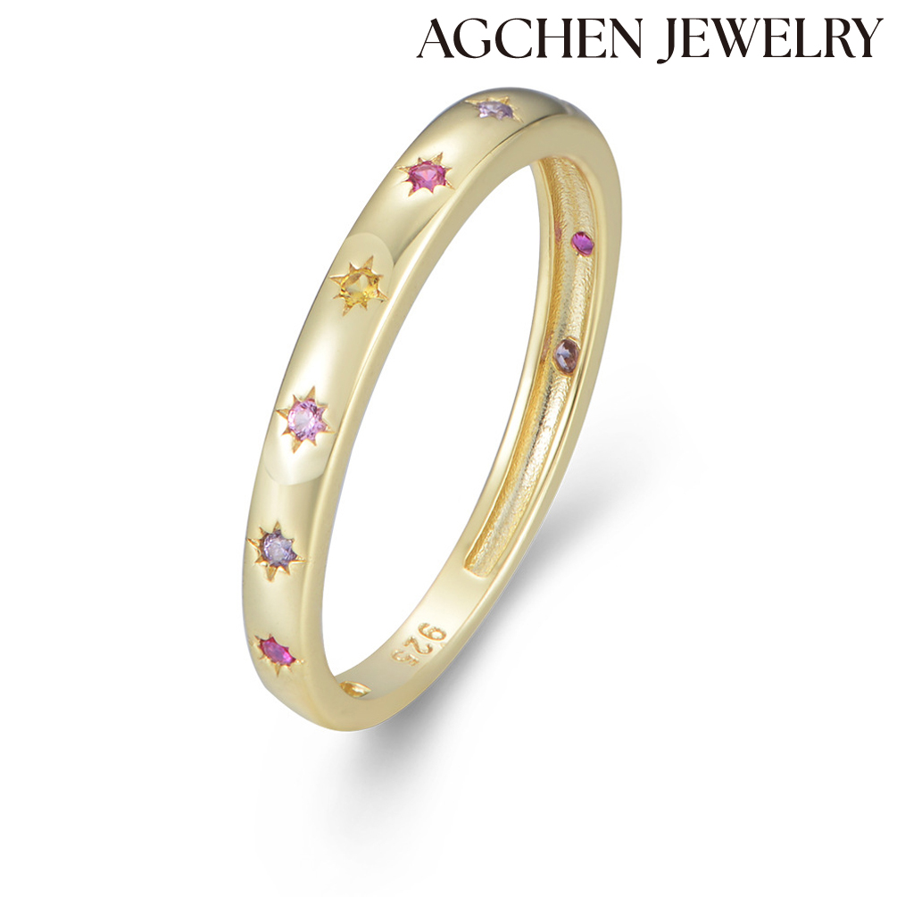 AGCHEN S925 sterling silver color zircon ring female European and American niche geometric six-pointed star ring fashion hand jewelry AGKR1235