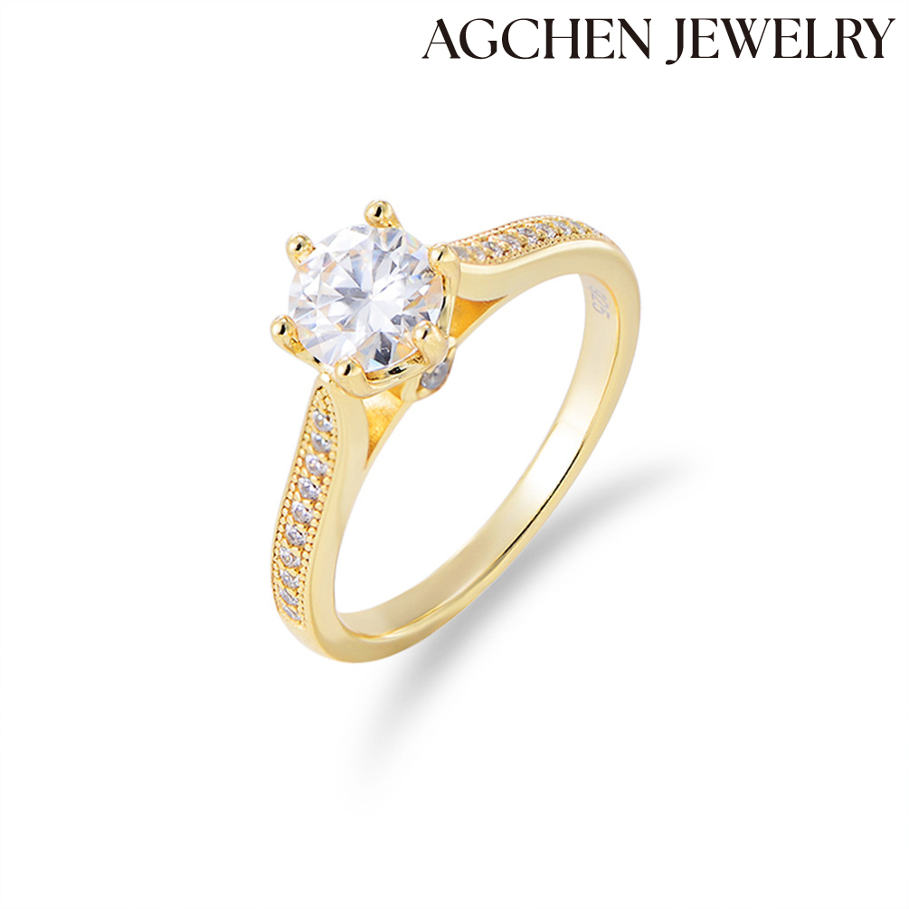AGCHEN Foreign trade classic six-prong diamond ring S925 sterling silver ring Birthday gift wedding ring light luxury fashion jewelry AGKR1454