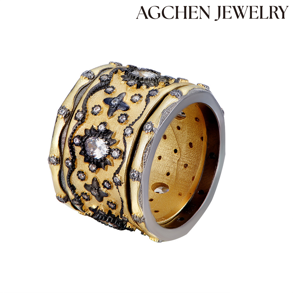 AGCHEN S925 Sterling Silver Black Enamel Vint AGe Ring with Cubic Zirconia Europe and the United States Ins hot sale AGKR0488