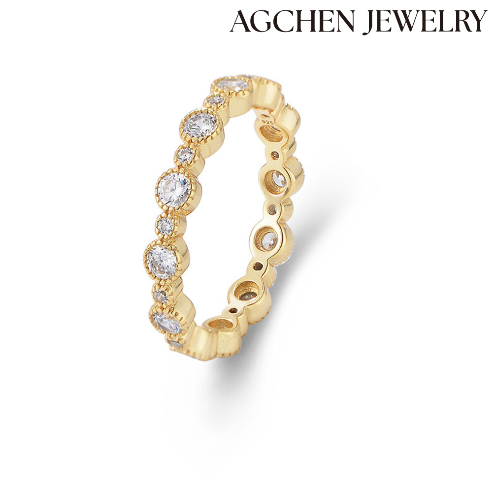 AGCHEN S925 Sterling silver geometric round Zircon ring Ladies Europe and America ins full of diamond index finger ring hand jewelry AGKR1274