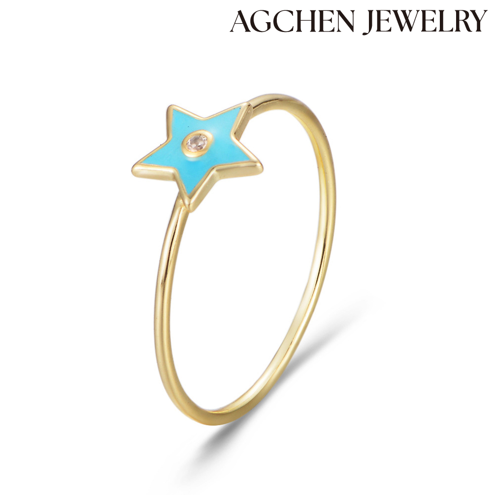 AGCHEN Cute Star S925 Sterling Silver Ring with CZ Female Japanese and Korean temperament fresh look rings AGKSR105