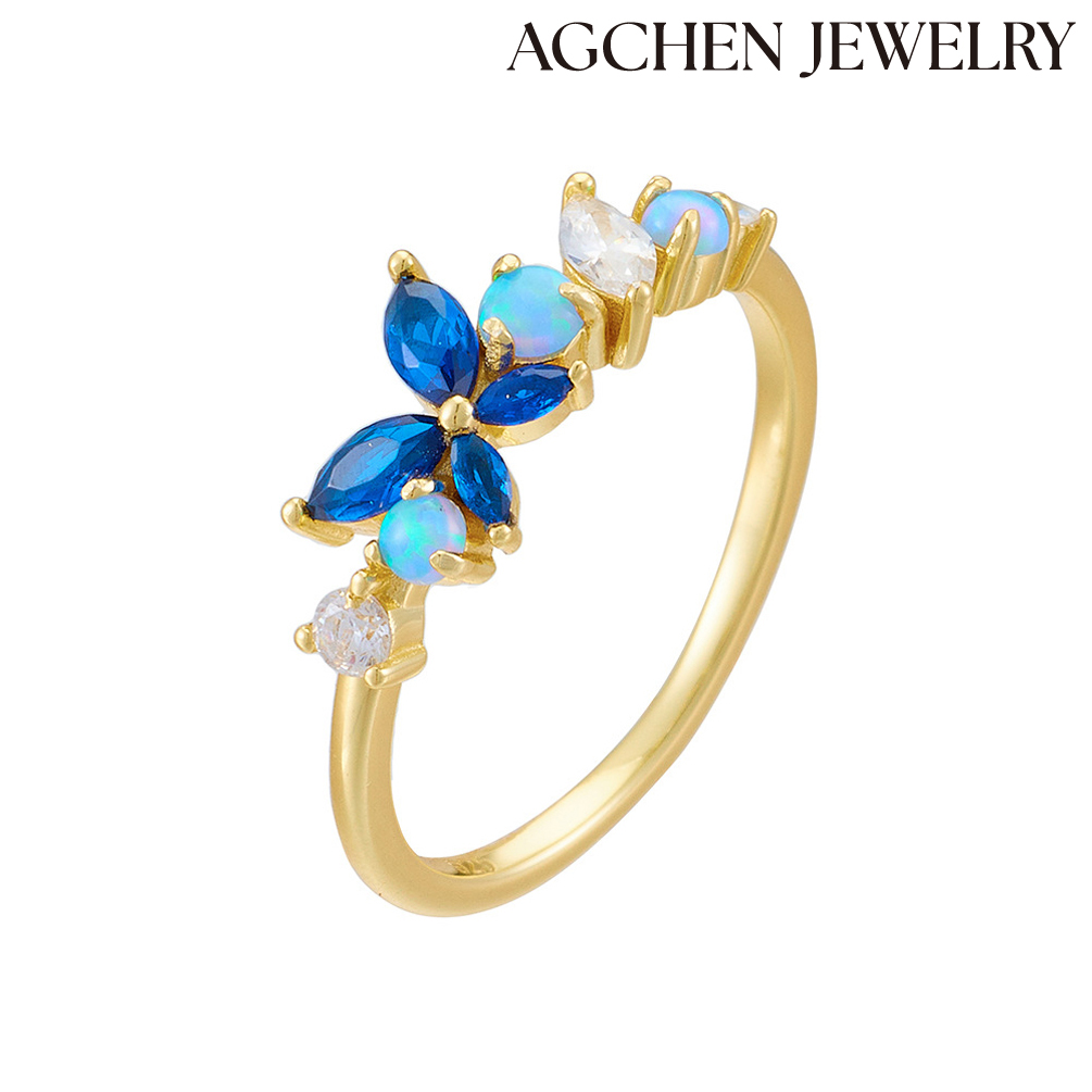 AGCHEN European and American hot-selling S925 Sterling silver Adjustable Resin Butterfly Women 24K Gold Plated Rings AGKR1816B