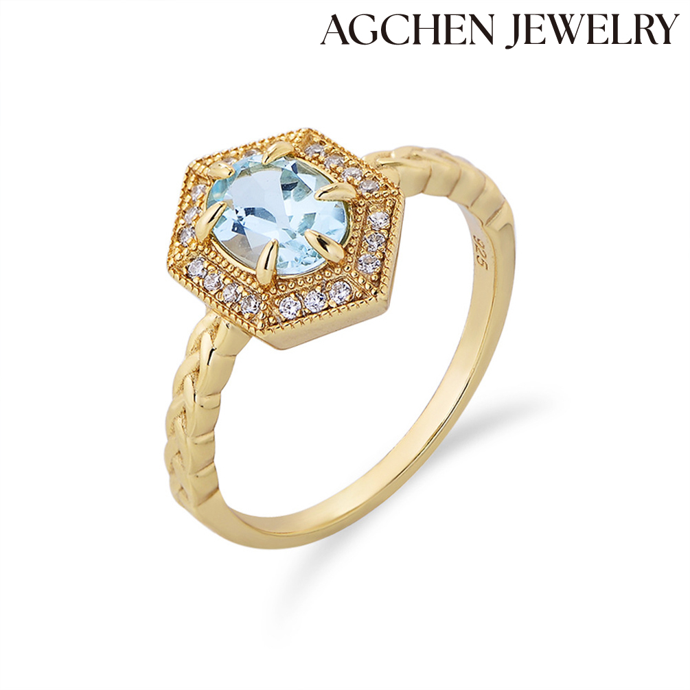 AGCHEN s925 sterling silver natural stone ring female Europe and the United States ins hot sell sky blue Topaz ring  AGKSR144