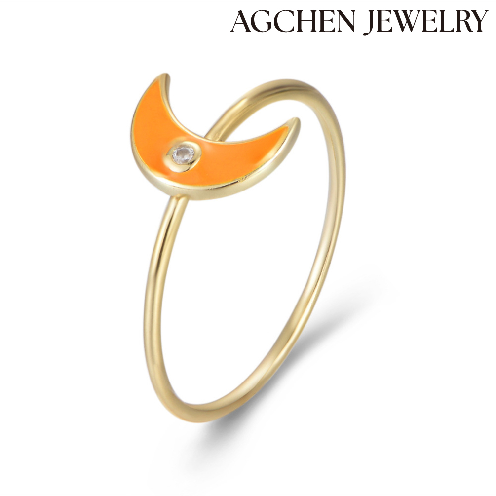 AGCHEN Cute moon S925 Sterling Silver Ring with CZ Female Japanese and Korean temperament fresh look rings AGKSR106