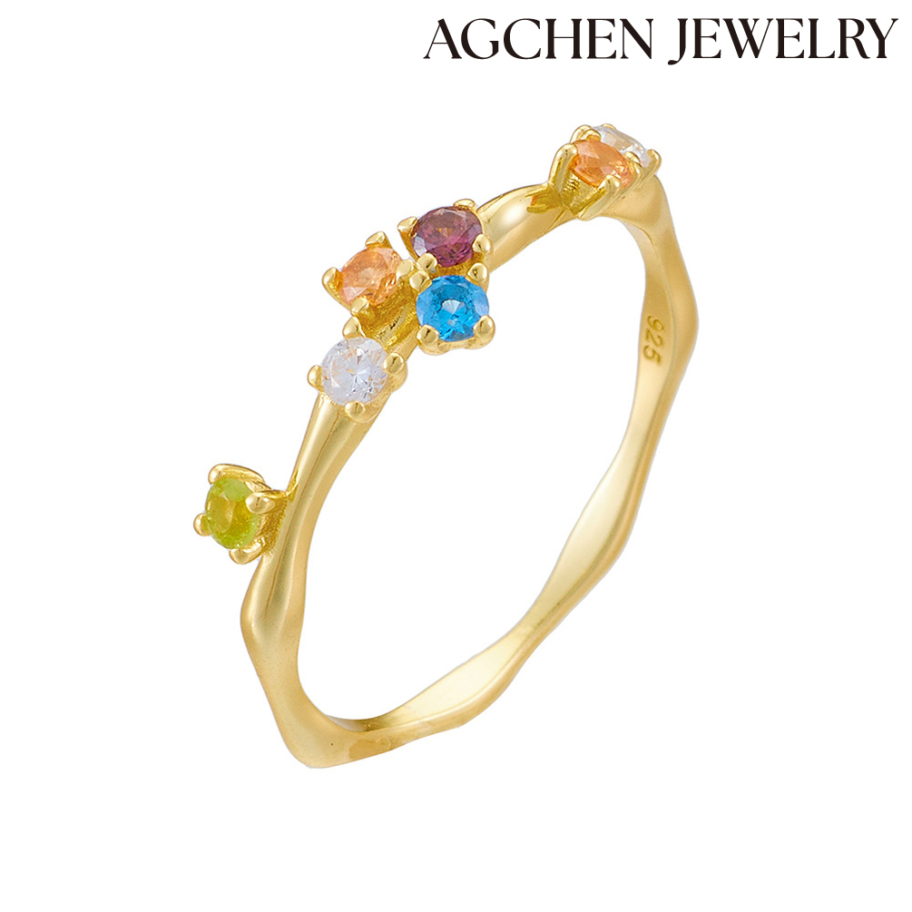 AGCEHN IG Style Vint AGe Style Color Block Sterling Silver Plating Inlay Zircon 14K Gold Plated Rhodium Plated Rings AGKR1678