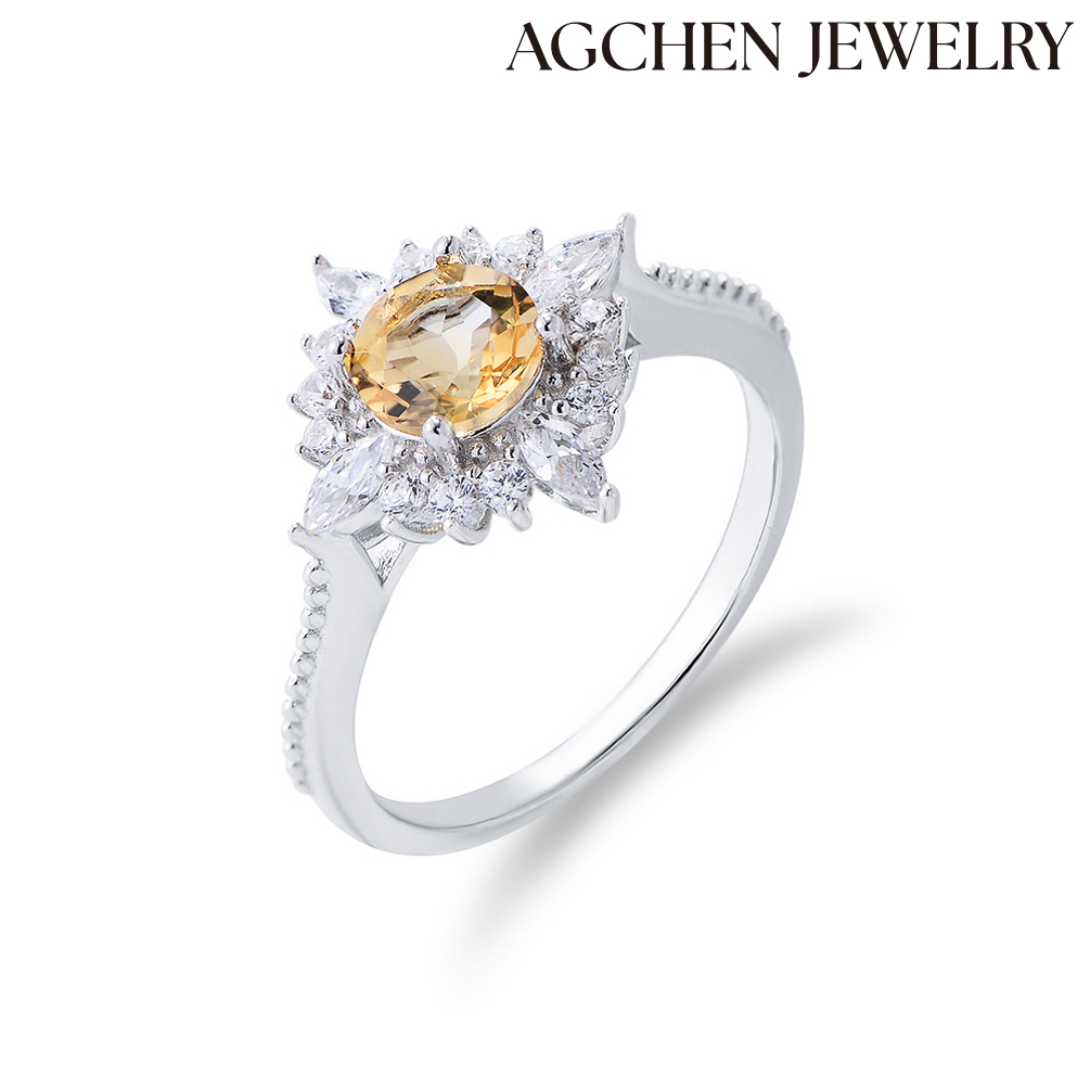 AGCHEN 925 sterling silver diamond natural stone citrine ring niche ins female European and American cold style high-grade hand jewelry AGKSR151