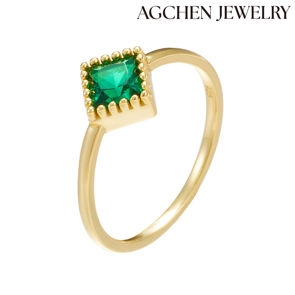 AGCEHN S925 Sterling Silver Square Green Zircon Ring high-grade niche Europe and the United States jewelry rings women AGKSR178