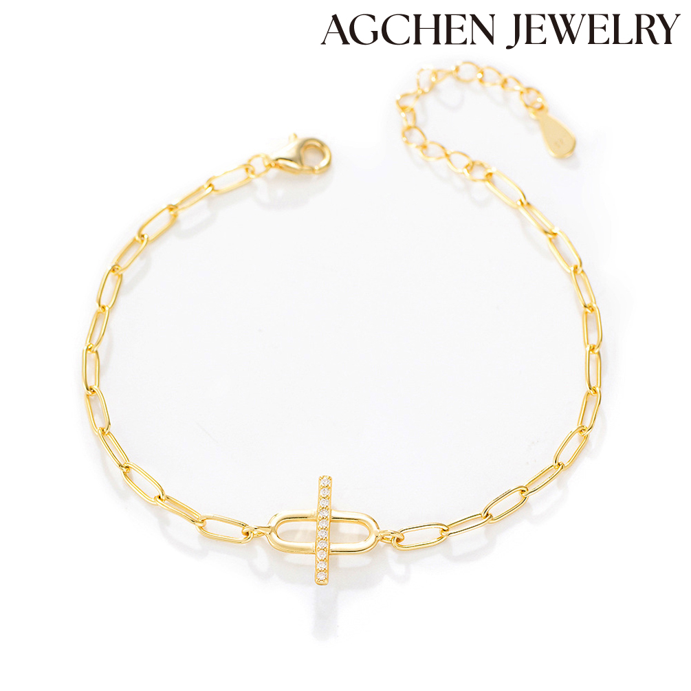 AGCHEN Wholesale 925 Sterling Silver Toggle Clasp bracelet Gold Plated White CZ Geometric Chain Jewelry AGKB0569