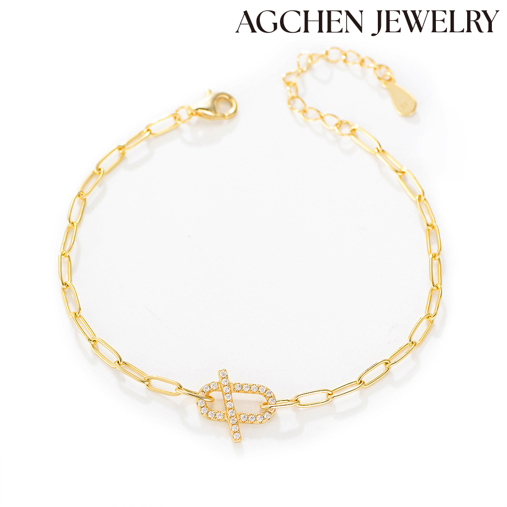 AGCHEN Personalized 925 Sterling Silver Cubic Zirconia 14K Gold Charm Bracelet Jewelry for woman and girls AGKB0578