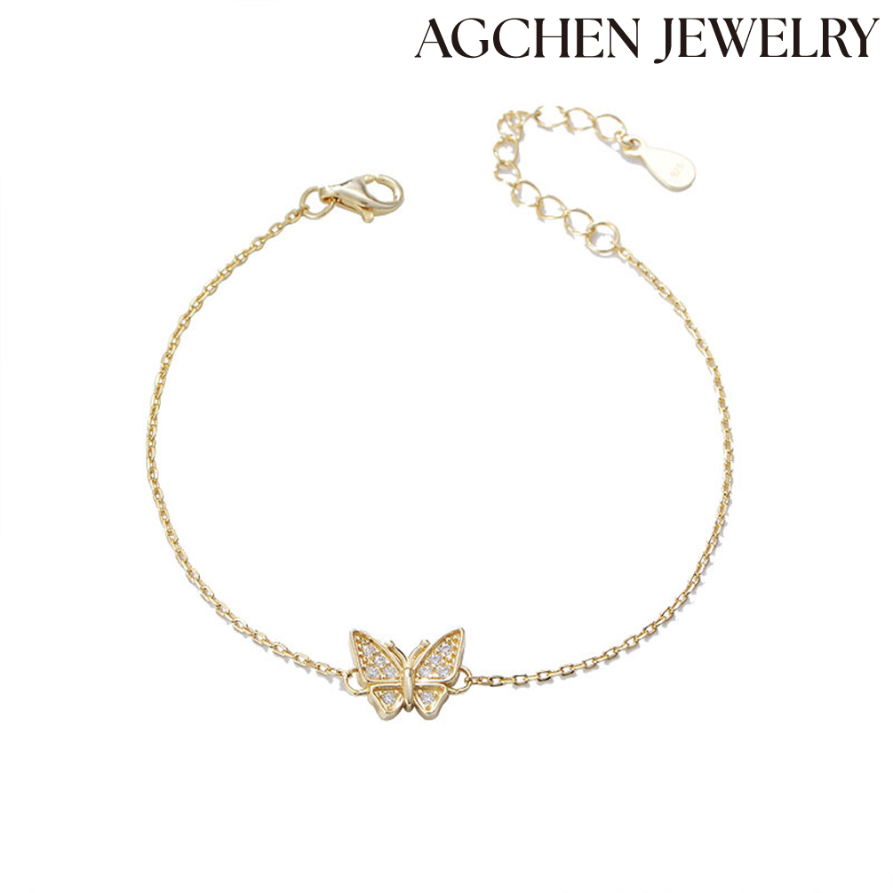 AGCHEN Butterfly Cubic Zirconia 14K Gold 925 Sterling Silver Charm Bracelet Jewelry for woman and girls AGKB0566