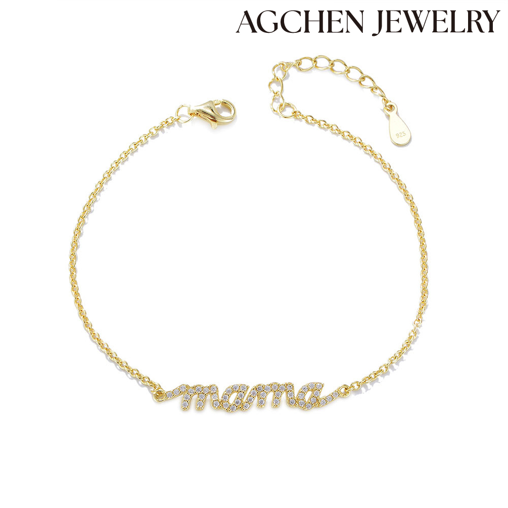 AGCHEN Love MAMA Cubic Zirconia 925 Sterling Silver 14K Gold Charm Bangle Jewelry for Mothers wholesale AGKB0576