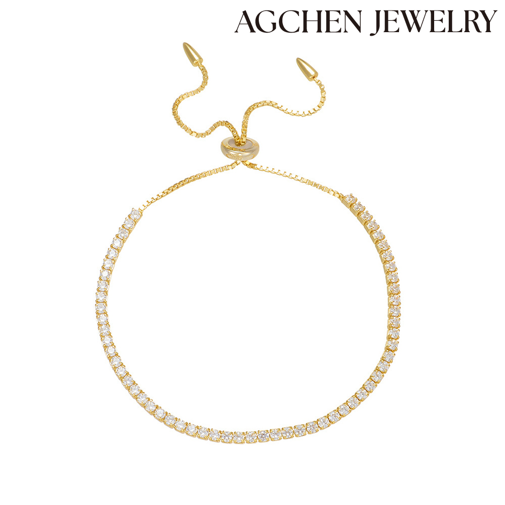 AGCHEN  Luxury 2mm Cubic Zirconia 925 Sterling Silver 14K Gold Charm Bangle Jewelry for woman and girls wholesale AGKB0384