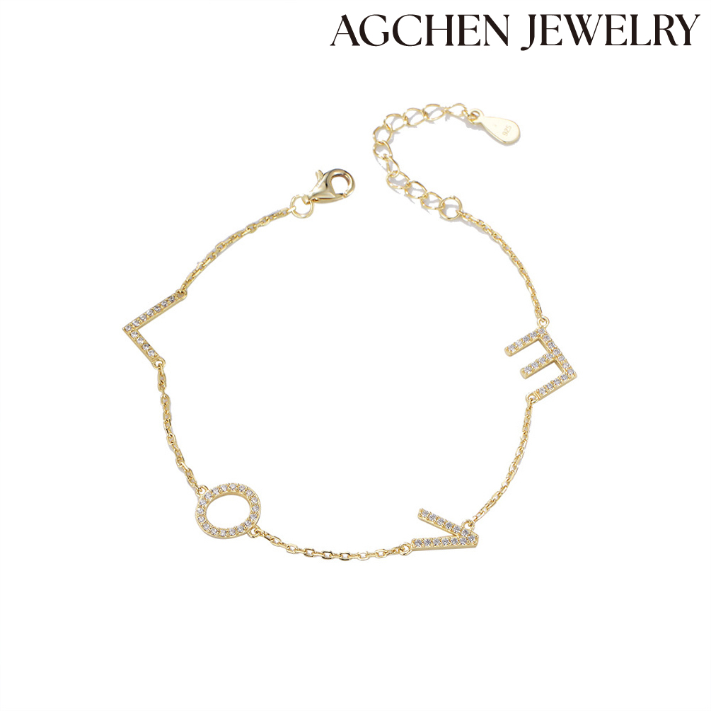 AGCHEN LOVE Letter 925 Sterling Silver Cubic Zirconia 14K Gold Charm Bracelet Jewelry for woman and girls wholesale AGKB0567