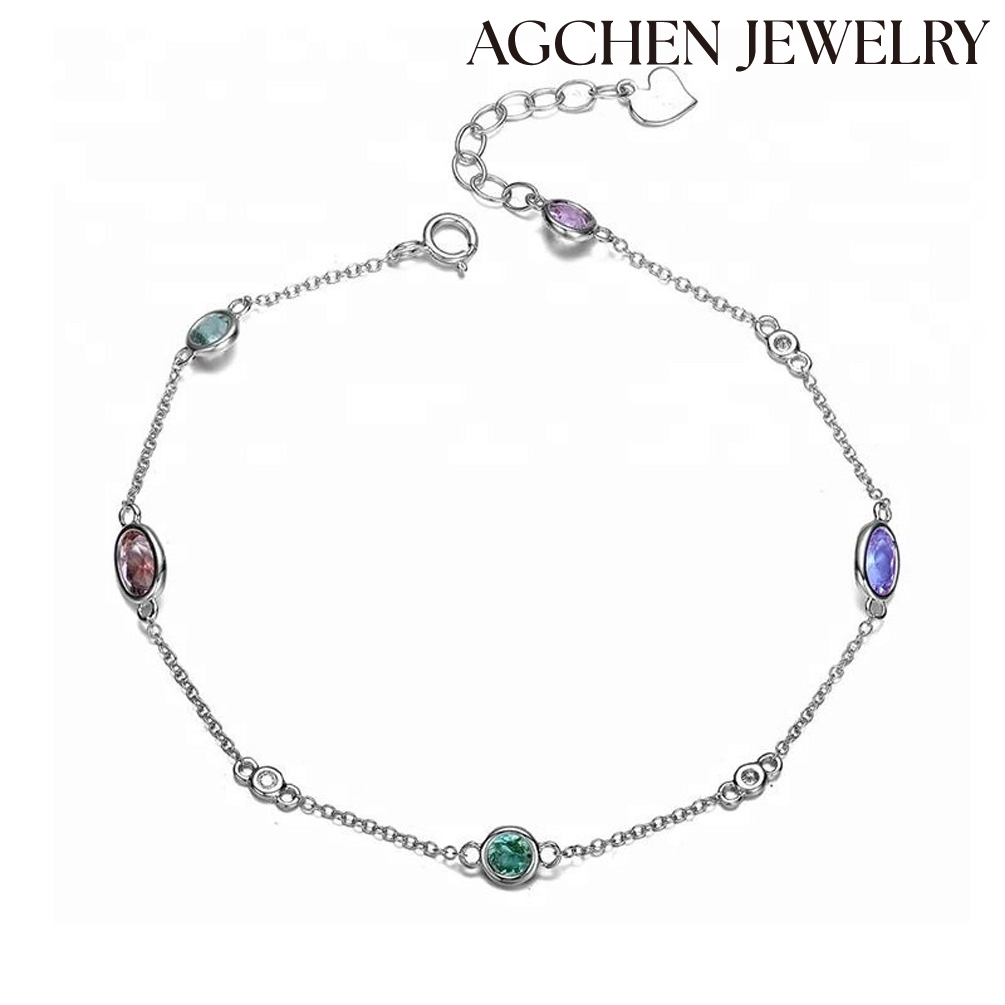 AGCHEN Luxury Colored Cubic Zirconia 925 Sterling Silver White Gold Charm Bangle Bracelet Jewelry for woman and girls AGDB0849