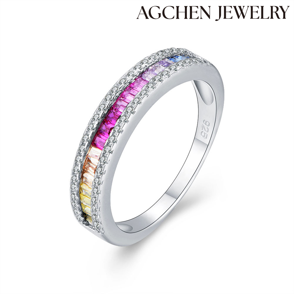 AGCEHN Colorful Rainbow Full Cubic Zirconia Luxury 925 Sterling Silver Jewelry Promise Ring For Women AGLR1490