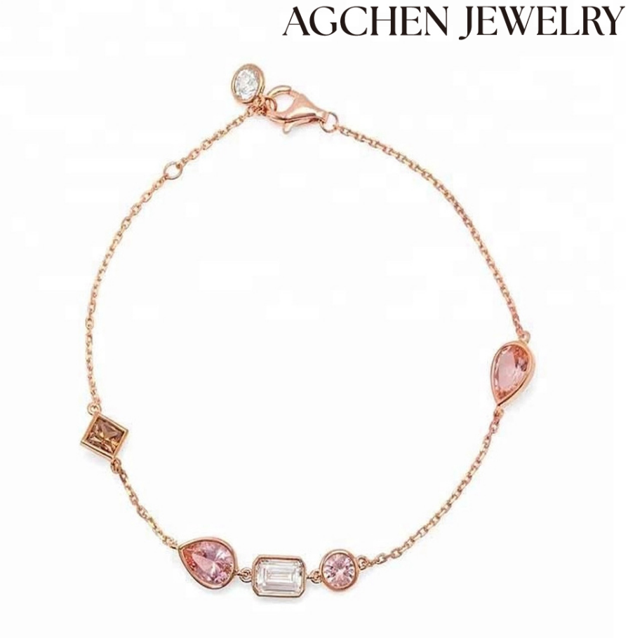 AGCHEN  Luxury Colored geometric zircon 925 Sterling Silver 14K Gold Charm Bracelet Jewelry for woman and girls AGKB0378