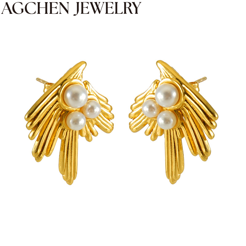 AG Gold Stainless Steel Women's Pearl Stud Earrings AG-ZYG1427