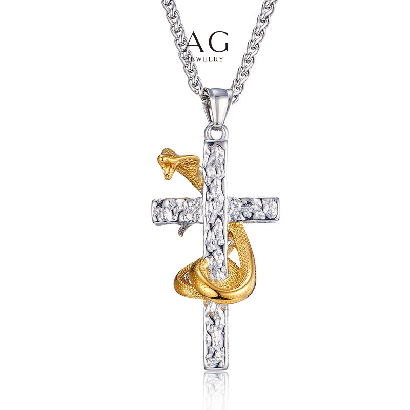 AG Men&lsquo;s Stainless Steel Cross Zirconia Snake Design Necklace Factory Price OEM Service Supplier AGS1205