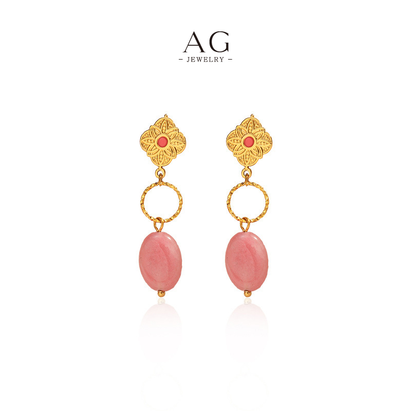 AG Pink Gemstone Cluster Earrings Feminine Crystal Jewelry Line Wholesale Supplier AG11702