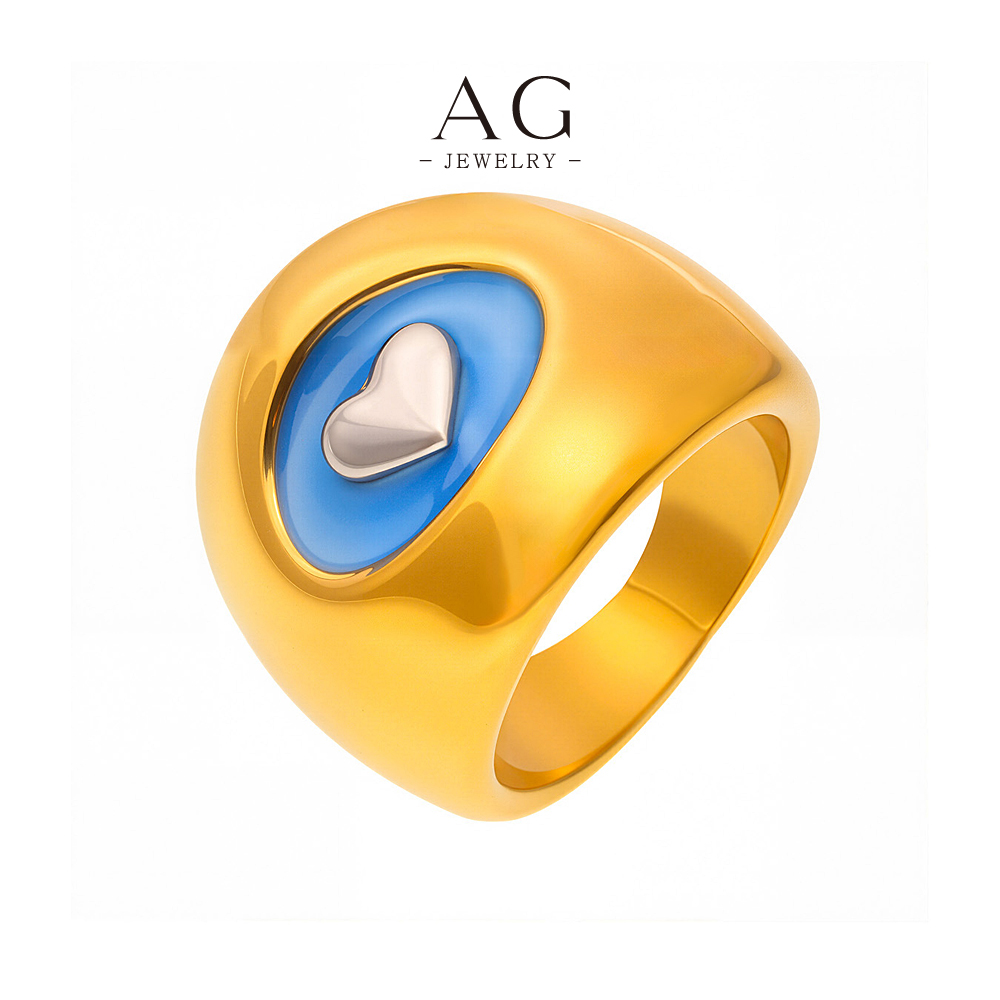 AG Stainless Steel Heart Blue Enamel Ring Colorful Jewelry Custom Order Manufacturer AGA742