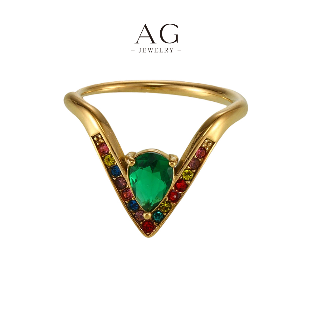 AG Stainless Steel Vintage V Shape Zirconia Ring Retro Design Jewelry Custom Manufacturer Small MOQ AGA976