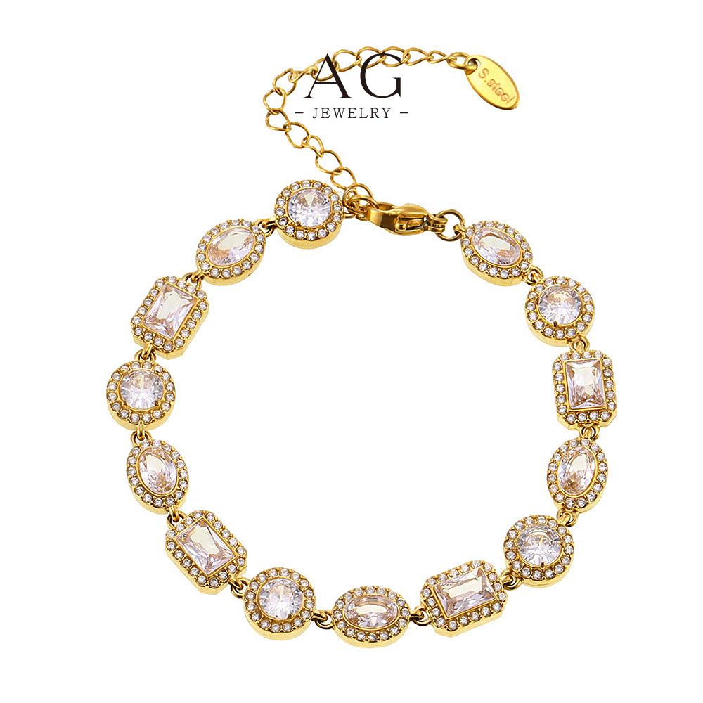 AG Stainless Steel Square Round Mixed Zirconia Line Bracelet Geometric Jewelry AGE590