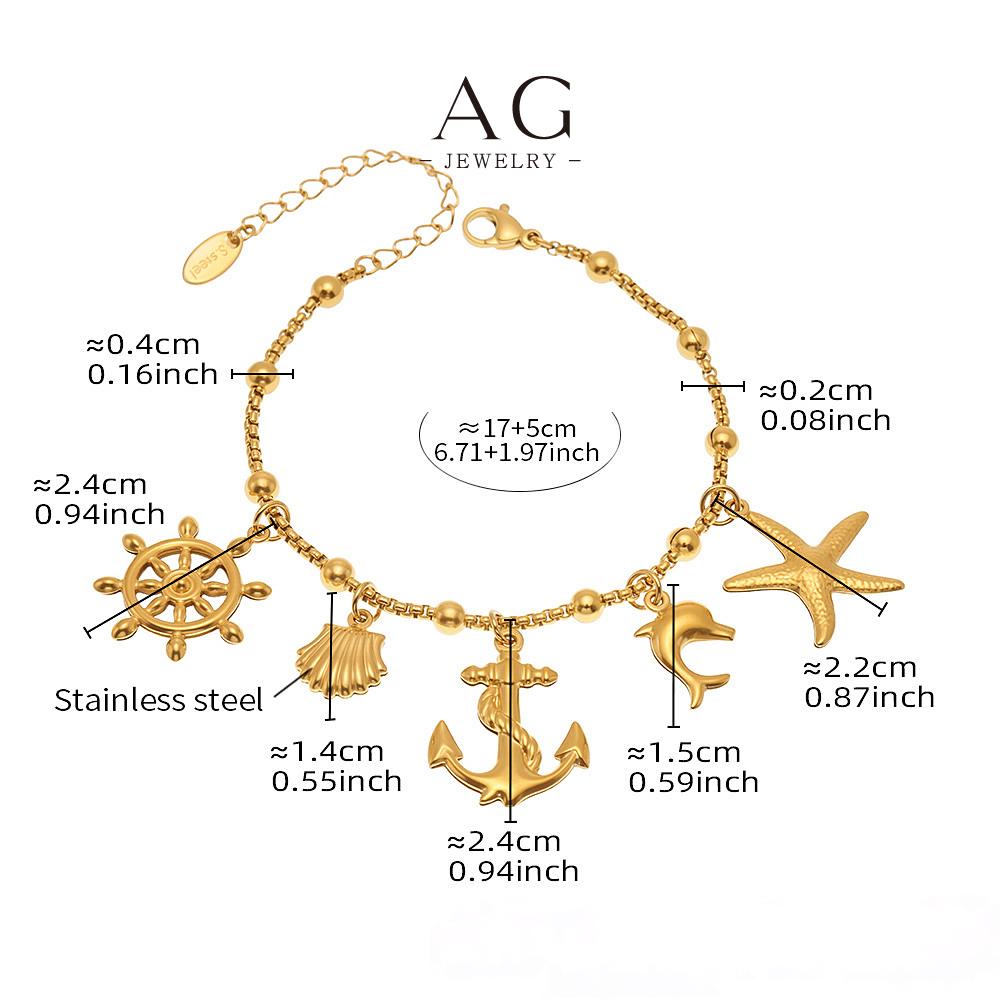 AG Stainless Steel Compass Anchor Dolphin Charm Bracelet Marine Adventure Style AGE642