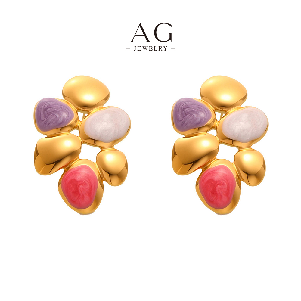 AG Stainless Steel Colorful Enamel Bloom Earrings Abstract Floral Design AGF371 