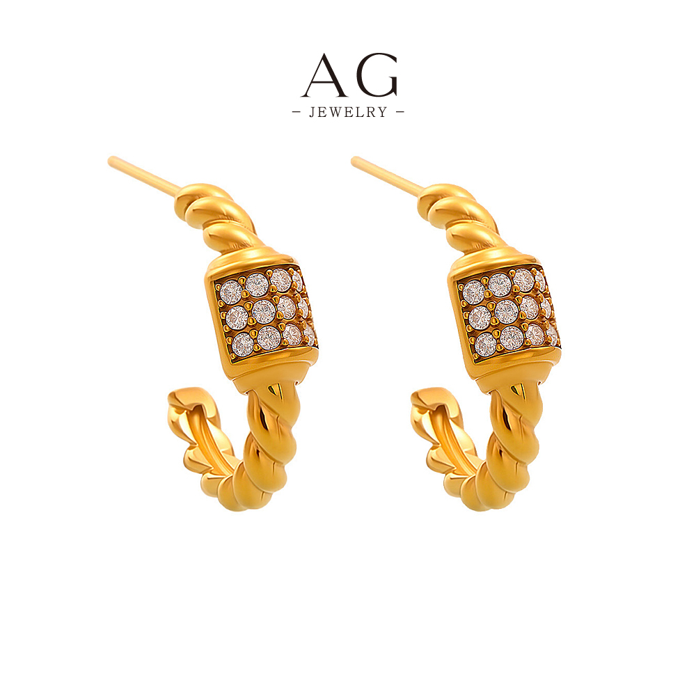 AG Stainless Steel Striped Zirconia Line Earrings Modern Architectural Jewelry AGF374