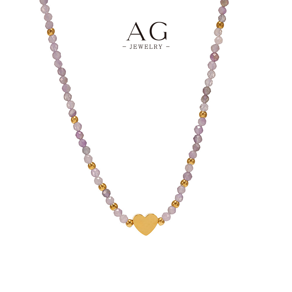 AG Beaded Heart Pendant Necklace Stainless Steel Romantic Token Jewelry AGP1336