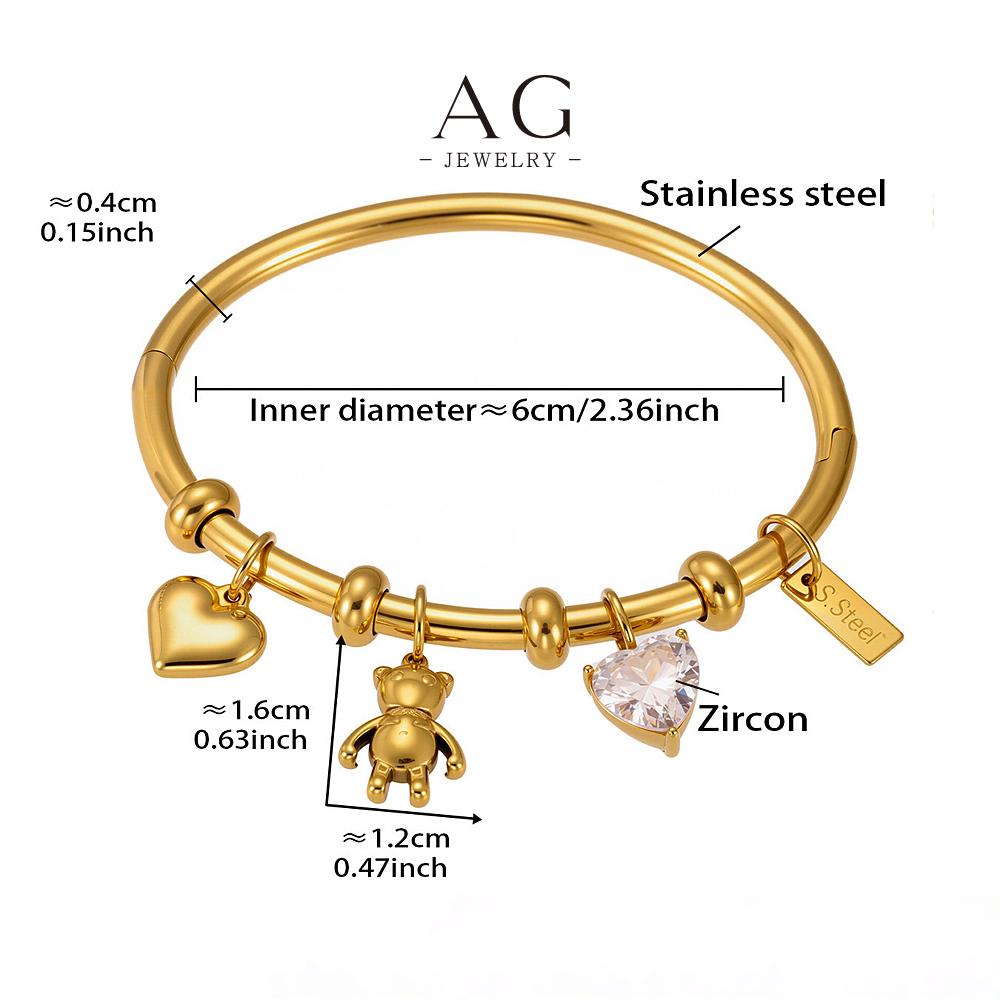 AG Stainless Steel Heart Bear Multi Charm Bracelet Playful Elegant Jewelry AGZ360