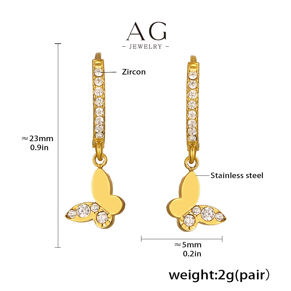 AG Stainless Steel Butterfly Zirconia Wing Drop Earrings Garden Party Jewelry AGF1692