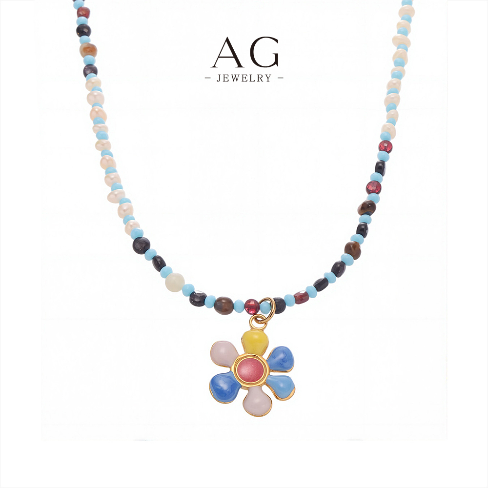 AG Stainless Steel Beaded Shell Charm Necklace Coastal Beach Jewelry AGP1273