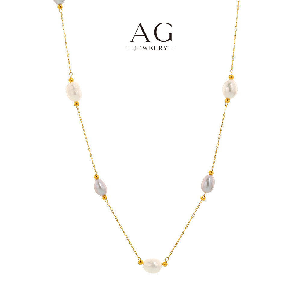 AG Pearl Strand Necklace Stainless Steel Layered Luster Jewelry AGP1303