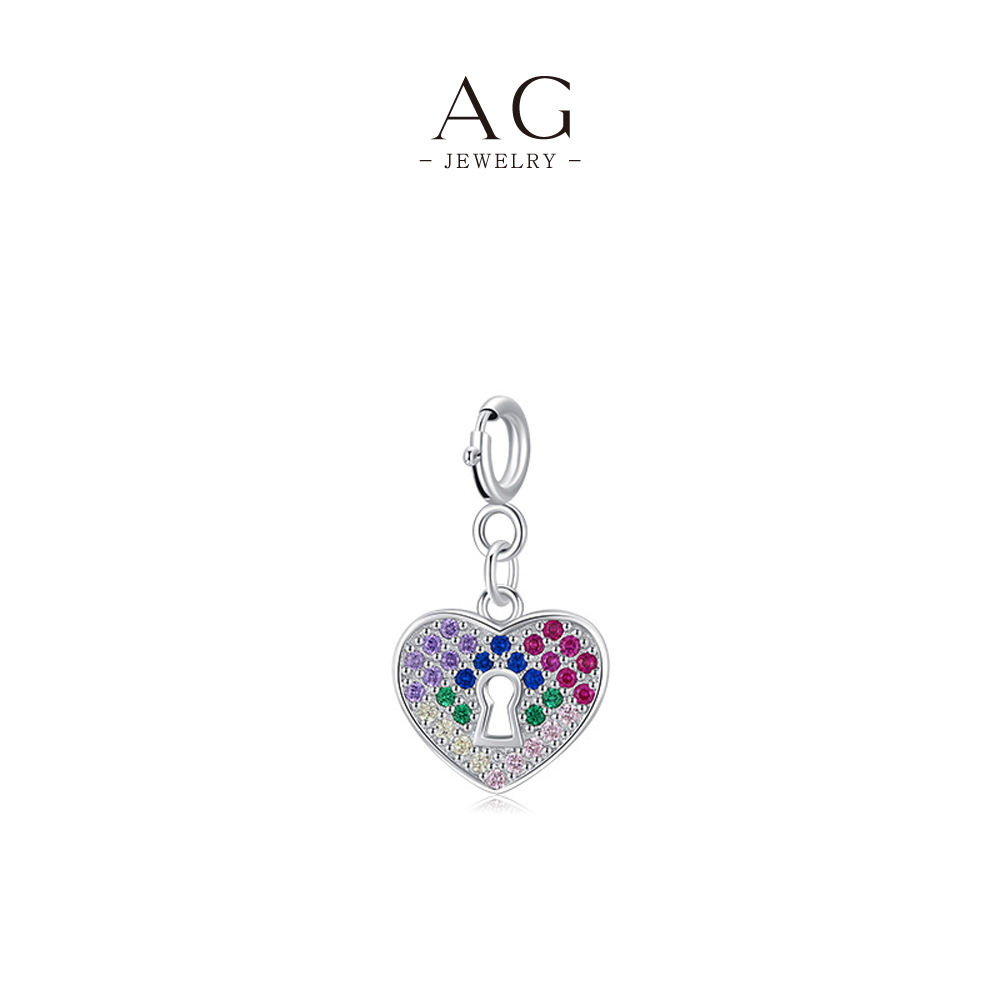AG Multicolor Zircon Heart Lock Pendant 925 Sterling Silver Love Token Jewelry AGRHN1130