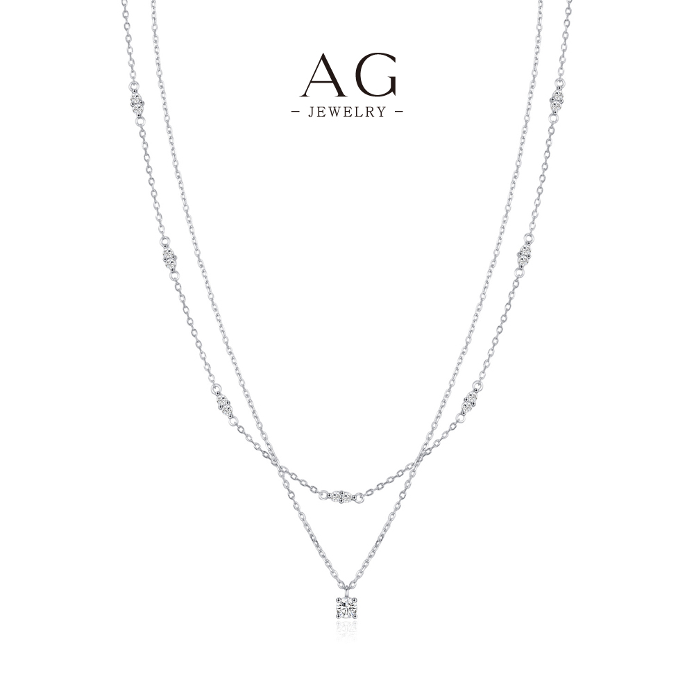 AG Double Layer Zircon Choker Necklace 925 Sterling Silver Stackable Fashion Jewelry AGMSN0030