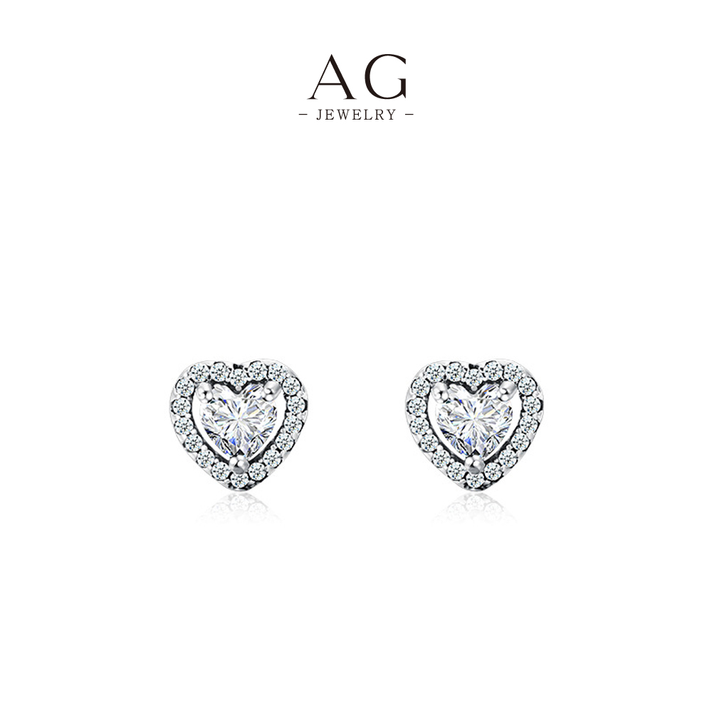 AG Heart Shaped Zircon Stud Earrings 925 Sterling Silver Romantic Love Jewelry AGRHE617