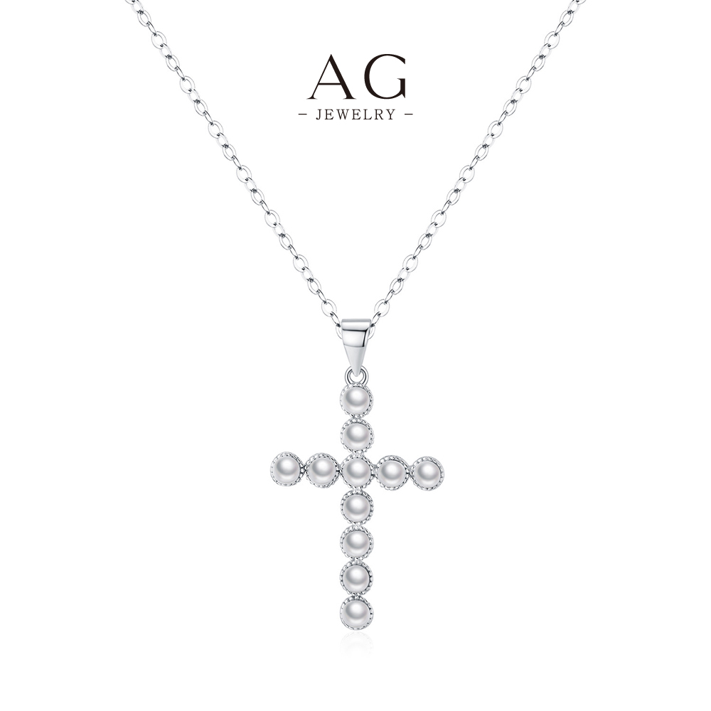 AG 925 Silver Cross Pearl Pendant Necklace BSCI Certified Supplier AGRHN1900