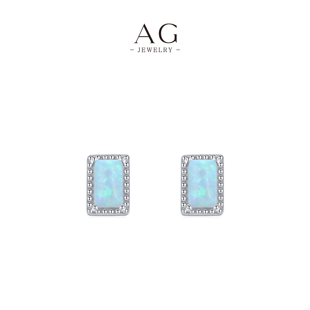 AG Square Opal Stud Earrings 925 Sterling Silver Geometric Iridescent Gemstone Jewelry AGRHS1043