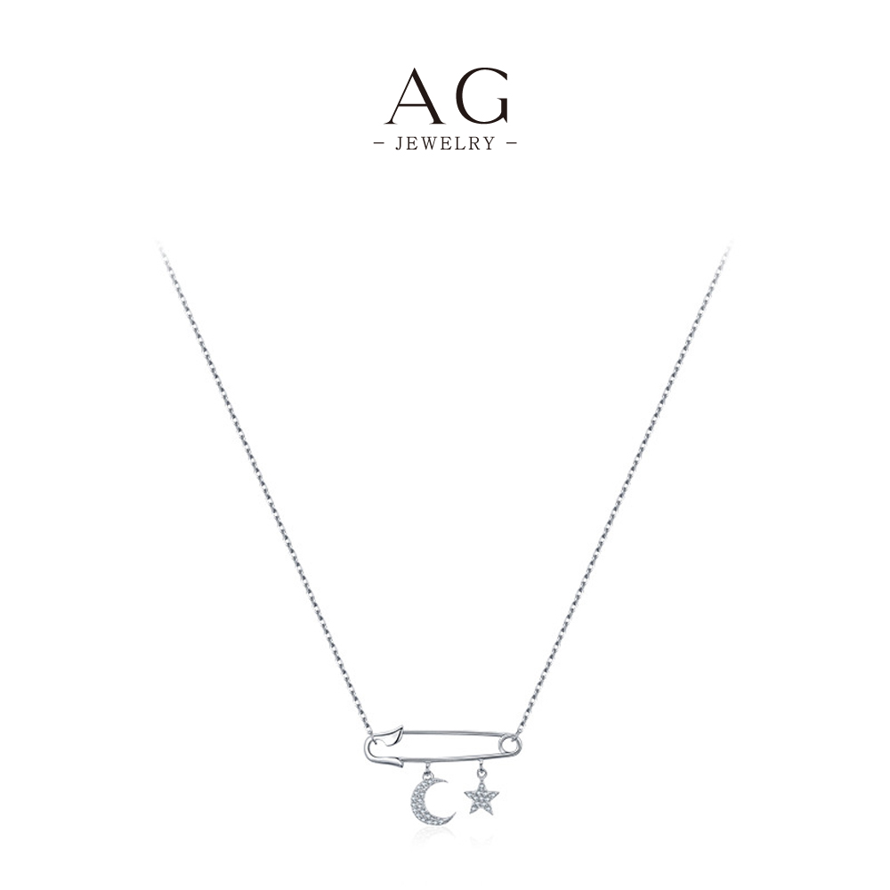 AG Celestial Paperclip Necklace 925 Sterling Silver Star and Moon Charm Jewelry AGRHN837