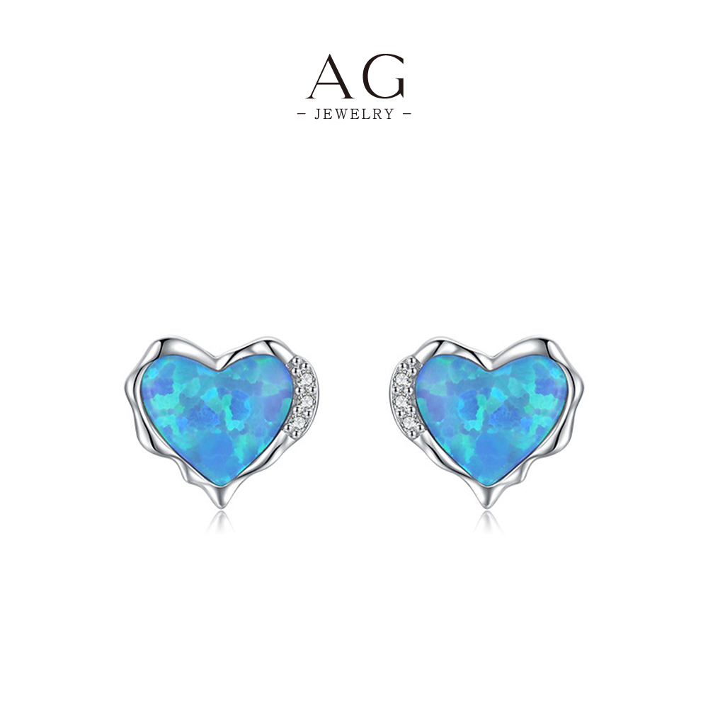 AG Heart Opal Stud Earrings 925 Sterling Silver Iridescent Love Symbol Jewelry AGRHE1272