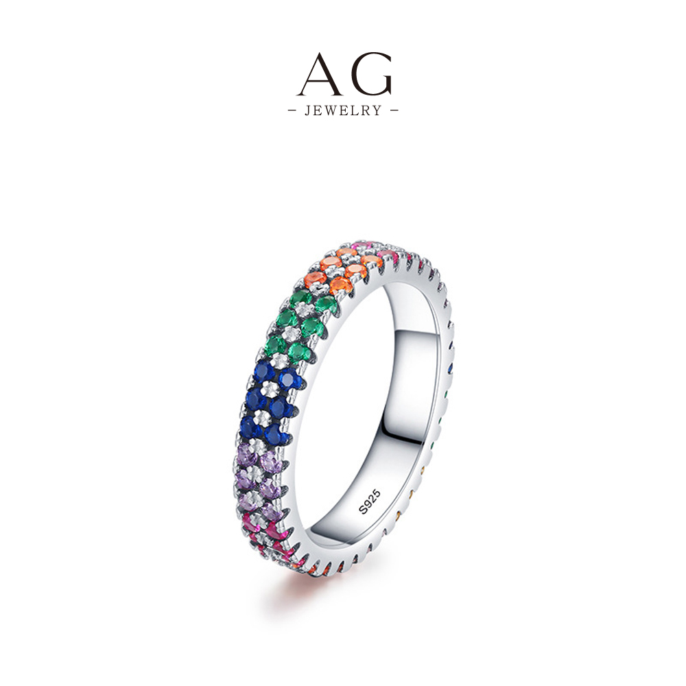 AG Rainbow Zircon Band Ring 925 Sterling Silver Kaleidoscope Jewelry AGRHR1097